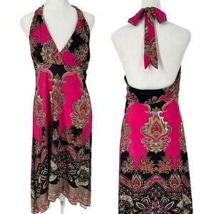Y2K Babydoll Halter Dress Size L Paisley Boho Fairy Whimsical Vintage Asymmetric